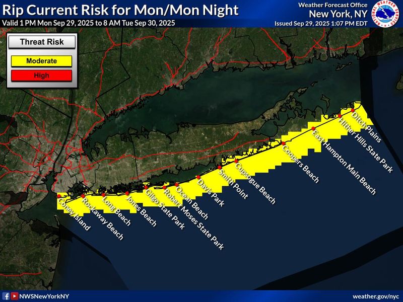 The National Weather Service is predicting a "moderate" risk of rip currents at beaches along the Atlantic Coast of New York City and Long Island Monday, Sept. 29, 2025.