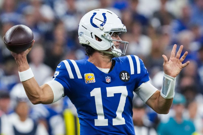 Indianapolis Colts quarterback Daniel Jones (17) looks to pass Sunday, Oct. 5, 2025, during a game against the Las Vegas Raiders at Lucas Oil Stadium in Indianapolis.