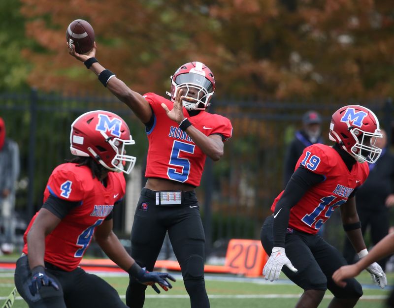 Monroe quarterback Terrell Cunningham Jr. throws deep into the end zone in the first quarter during their Section V football season opener at James Monroe High School Saturday, Sept. 6, 2025.