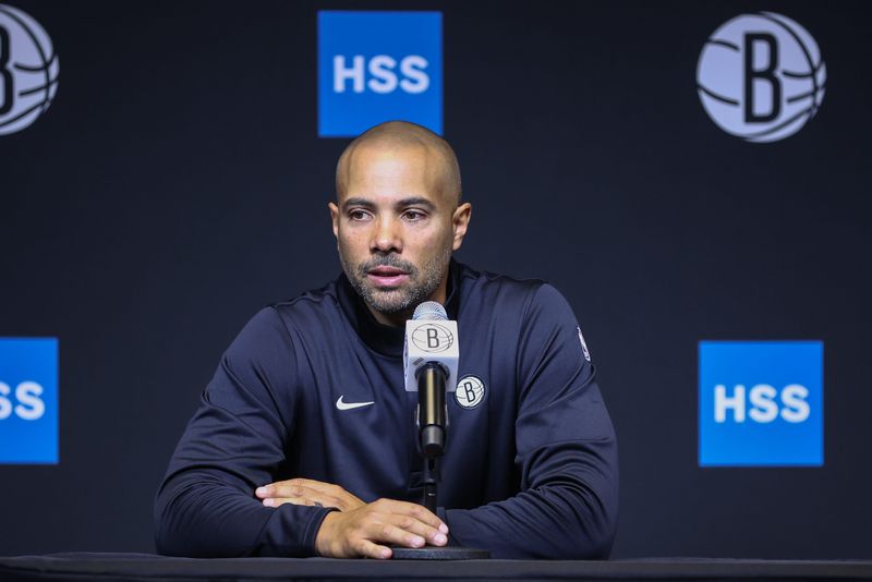 Sep 23, 2025; Brooklyn, NY, USA; Brooklyn Nets head coach Jordi Fernandez speaks at Media Day. Mandatory Credit: Wendell Cruz-Imagn Images
