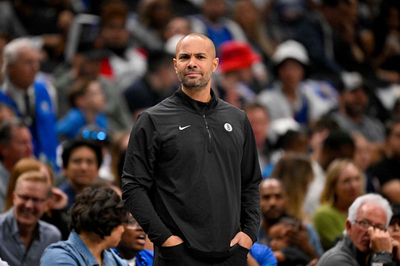 Mar 31, 2025; Dallas, Texas, USA; Brooklyn Nets head coach Jordi Fernandez looks on during the first quarter against the Dallas Mavericks at the American Airlines Center. Mandatory Credit: Jerome Miron-Imagn Images