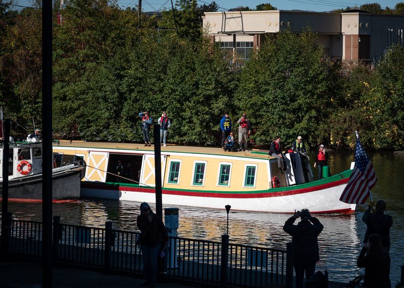 The “Seneca Chief” makes its way along the Erie Canal in Utica, NY on Thursday, October 9, 2025.