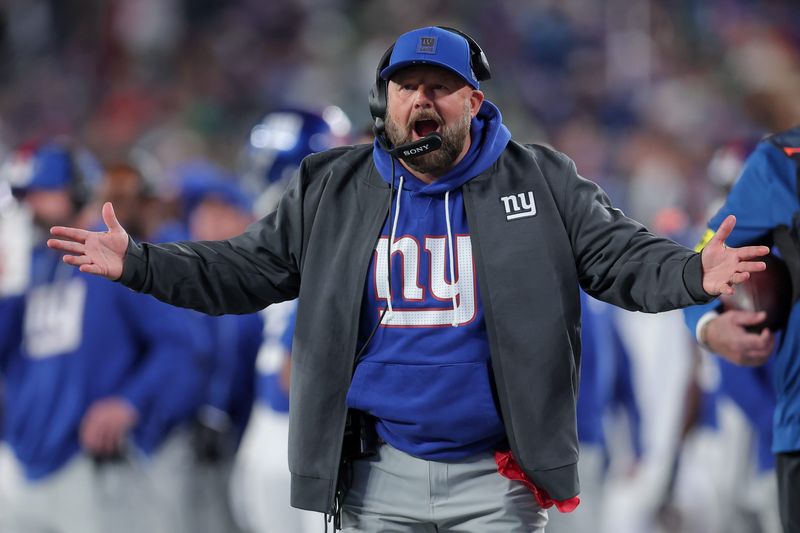 Oct 9, 2025; East Rutherford, New Jersey, USA; New York Giants head coach Brian Daboll reacts during the second quarter of the game against the Philadelphia Eagles at MetLife Stadium. Mandatory Credit: Brad Penner-Imagn Images