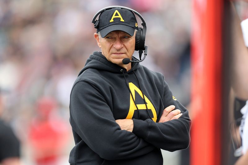 Oct 11, 2025; West Point, New York, USA; Army Black Knights head coach Jeff Monken during the first half against the Charlotte 49ers at Michie Stadium. Mandatory Credit: Danny Wild-Imagn Images