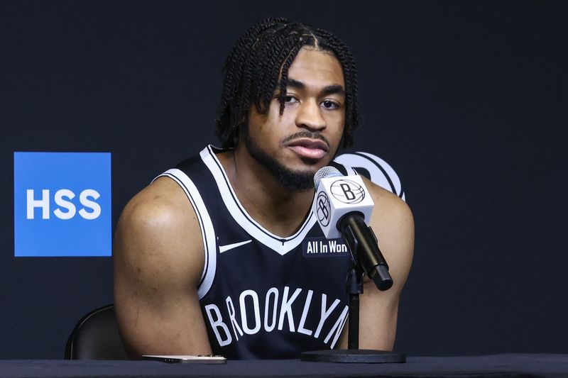 Sep 23, 2025; Brooklyn, NY, USA; Brooklyn Nets guard Cam Thomas (24) speaks at Media Day. Mandatory Credit: Wendell Cruz-Imagn Images