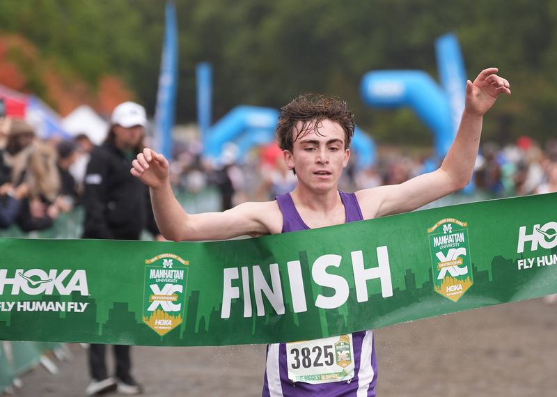 Warwick's Leo Shostal wins the boys varsity "B" race with a 12:54.8 time in the Manhattan University Cross-Country Invitational at Van Cortlandt Park in the Bronx on Saturday, October 11, 2025.