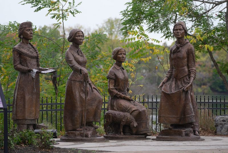 “Ripples of Change,” a monument on East Bayard Street in Seneca Falls, NY, shown on Oct. 11, 2025, depicts four women who had a connection to Seneca Falls and were dedicated to women’s suffrage. They are, from left, Laura Cornelius Kellogg, Harriet Tubman, Martha Coffin Wright and Sojourner Truth. The monument was created to commemorate the 100th anniversary of the 19th Amendment in 2020.