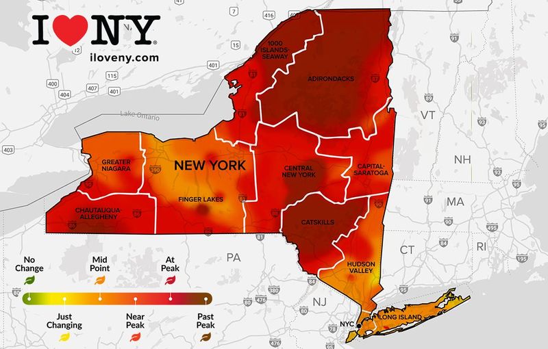 Fall colors are at or approaching peak in most parts of upstate New York in the state's sixth weekly foliage report for the season. This is for the week of Oct. 15 to 21, 2025.