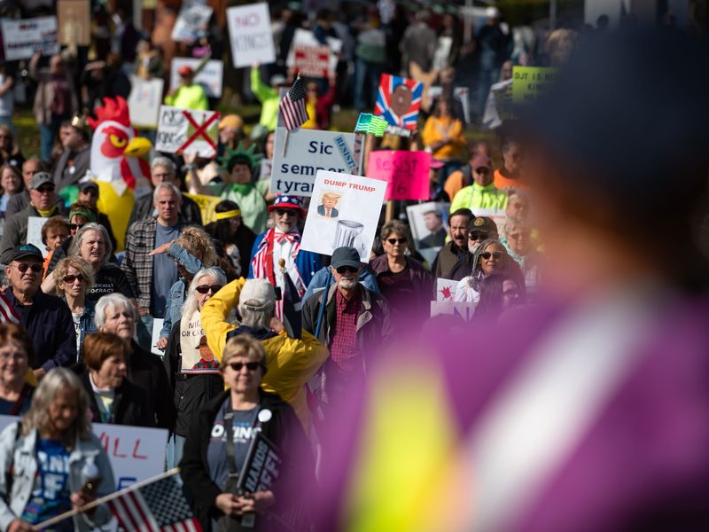 Protestors gathered along North James Street and around the Fort Stanwix National Monument in Rome, New York as part of the nationwide ‘No Kings’ demonstrations against the Trump administration on Saturday, October 18, 2025.