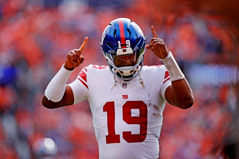 Oct 19, 2025; Denver, Colorado, USA; New York Giants quarterback Jameis Winston (19) reacts before the game against the Denver Broncos at Empower Field at Mile High. Mandatory Credit: Isaiah J. Downing-Imagn Images