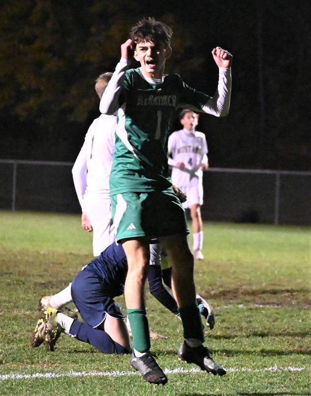 Magician Nick Allen reacts to Herkimer's winning goal in overtime of Wednesday's Section III playoff match against Mt. Markham.