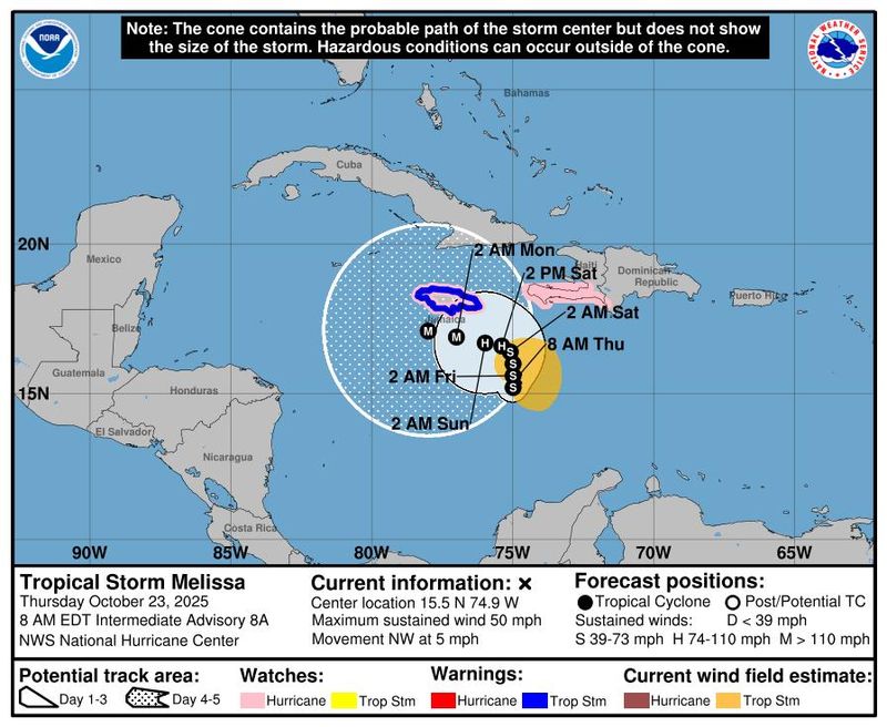 Projected path for Tropical Storm Melissa 8 a.m. Oct. 23, 2025.