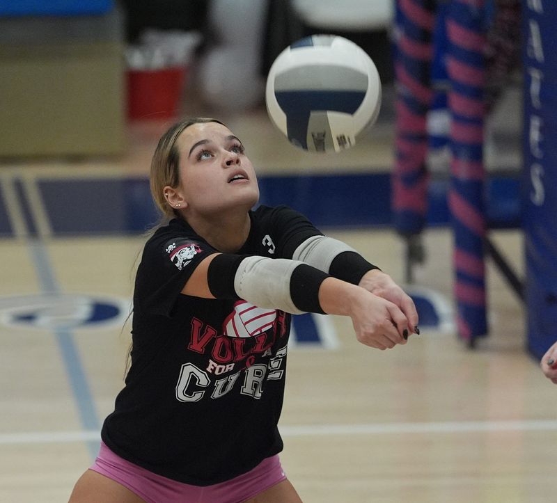 Pearl River's Ava Turner (3) bumps a shot during Volleyball action against Pearl River at Pearl River High School on Thursday, October 23, 2025. Tappan Zee won 3-0.