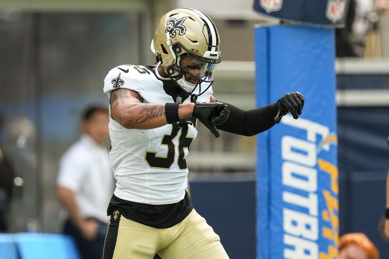 Aug 10, 2025; Inglewood, California, USA; New Orleans Saints cornerback Rico Payton (36) reacts during the second quarter against the Los Angeles Chargers at SoFi Stadium. Mandatory Credit: Jon Endow-Imagn Images