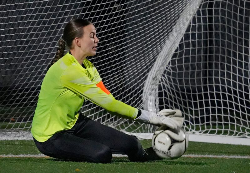 Churchville-Chili goalkeeper Tessa Wood makes the final shoot-out save on a Spencerport shot during their Section V Class AA girls soccer championship finals Sat. Nov. 1, 2025 at Webster Schroeder High School.