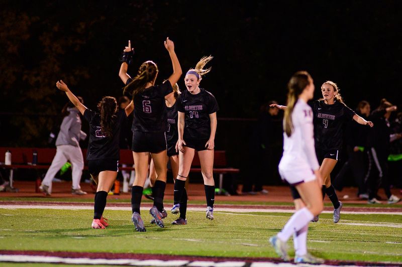 Albertus Magnus celebrates their win during from the Section 1 Class AA girls soccer championship game at Nyack High School in Nyack, NY on Saturday, November 2, 2025. Albertus Magnus defeated Harrison 2-0.