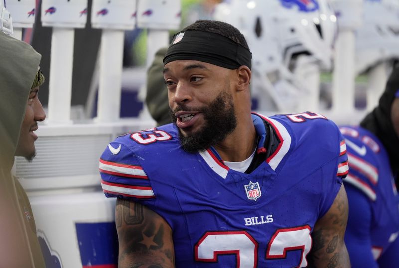 Buffalo Bills cornerback Dane Jackson chats with a teammate on the bench during first half action against the Kansas City Chiefs at Highmark Stadium in Orchard Park on Nov. 2, 2025.