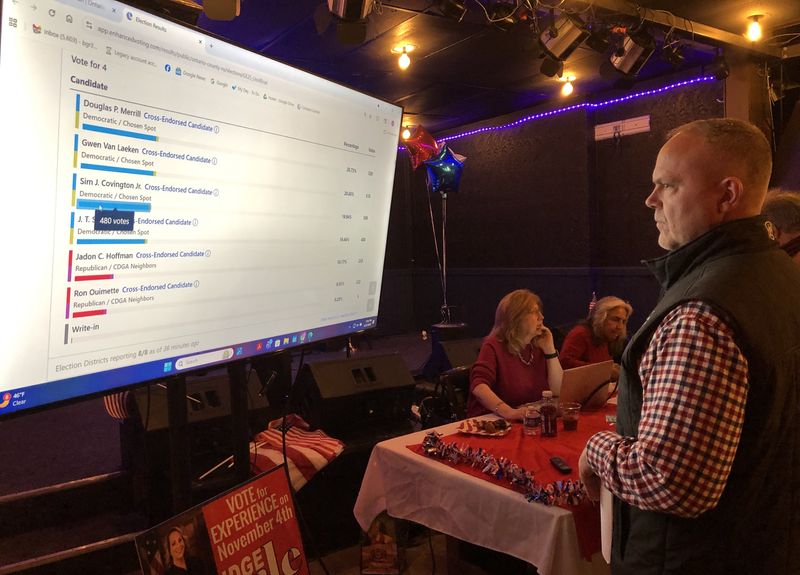 Canandaigua Supervisor Jared Simpson reviews results on election night at Lincoln on Main in Canandaigua. One vote separates him and challenger Don Cotter, according to unofficial results from the Ontario County Board of Elections.