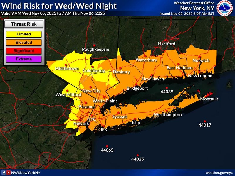 The National Weather Service has issued a high wind advisory for the Lower Hudson Valley, New York City and Long Island for the evening of Nov. 5, 2025 until Nov. 6. Elevated risk carries potential for "windy conditions that could damage outdoor items and result in hazardous driving conditions for high-profile vehicles," the NWS said. "Power outages are possible. Sustained winds 31-39 mph or gusts 46-57 mph."