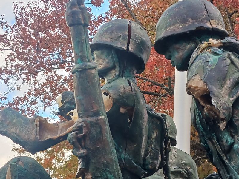 A close look at the Central New York War Monument reflects damage sustained to the almost 25 year-old fiberglass sculpture by Utica artist, Joe Talerico.