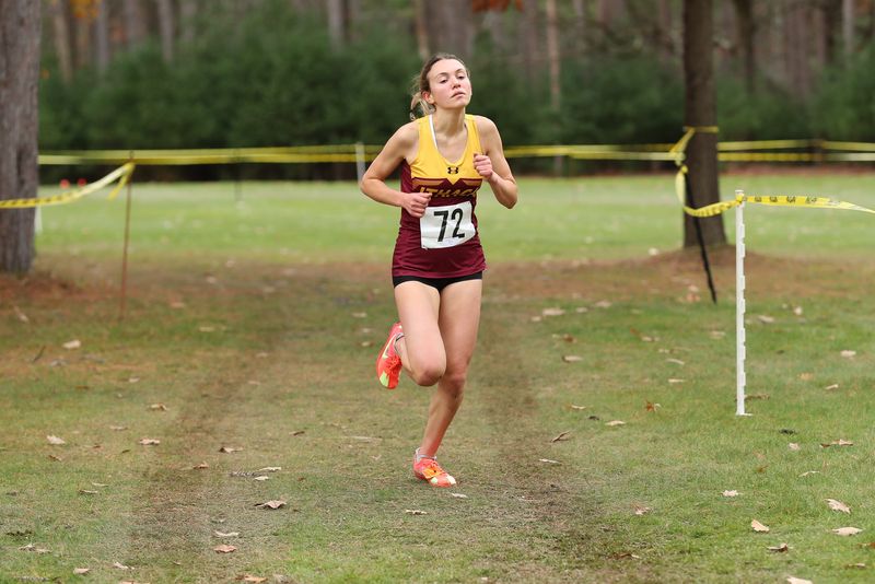 Tsadia Bercuvitz from Ithaca was the top finisher in the girls Class A race at the Section 4 cross country championships at Chenango Valley State Park on Nov. 6, 2025.
