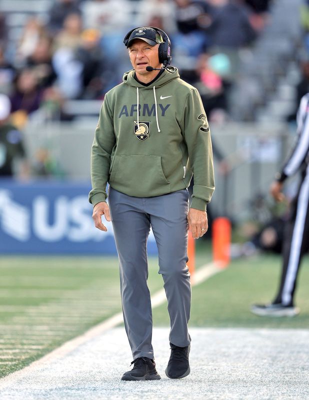 Nov 8, 2025; West Point, New York, USA; Army Black Knights head coach Jeff Monken on the sidelines during the first half against the Temple Owls at Michie Stadium. Mandatory Credit: Danny Wild-Imagn Images
