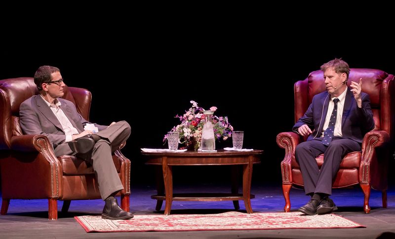 Finger Lakes Land Trust President Andy Zepp, left, and environmental author and journalist Dan Egan discuss the health of freshwater lakes. Egan spoke at the Fort Hill Performing Arts Center in Canandaigua on Nov. 9 as part of the George M. Ewing Canandaigua Forum speaker series.