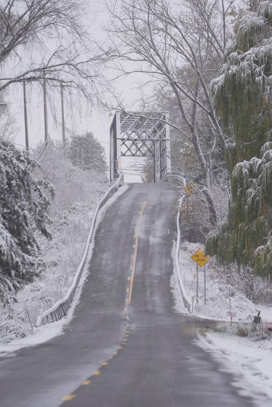A one lane bridge on Telegraph Road in Holley over the Erie Canal on Nov 11, 2025. Fresh snow and low temperatures can cause bridges and overpasses to potentially have icy conditions.