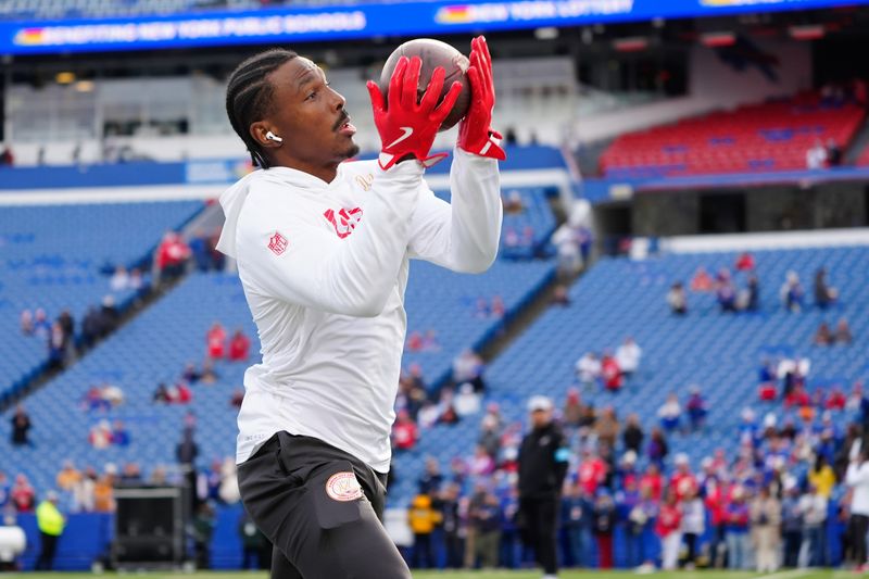 Nov 17, 2024; Orchard Park, New York, USA; Kansas City Chiefs wide receiver Mecole Hardman (17) warms up prior to the game against the Buffalo Bills at Highmark Stadium. Mandatory Credit: Gregory Fisher-Imagn Images