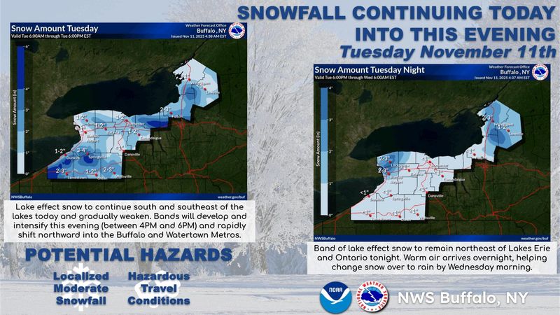 The National Weather Service office in Buffalo shows expected snowfall totals on Tuesday, Nov. 11, 2025.