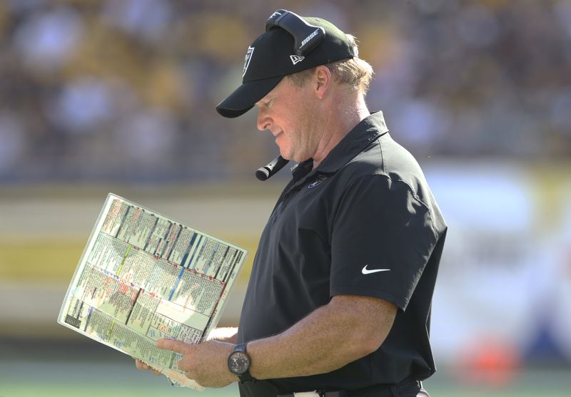 Sep 19, 2021; Pittsburgh, Pennsylvania, USA; Las Vegas Raiders head coach Jon Gruden looks at his play chart against the Pittsburgh Steelers during the fourth quarter at Heinz Field. Las Vegas won 26-17. Mandatory Credit: Charles LeClaire-USA TODAY Sports