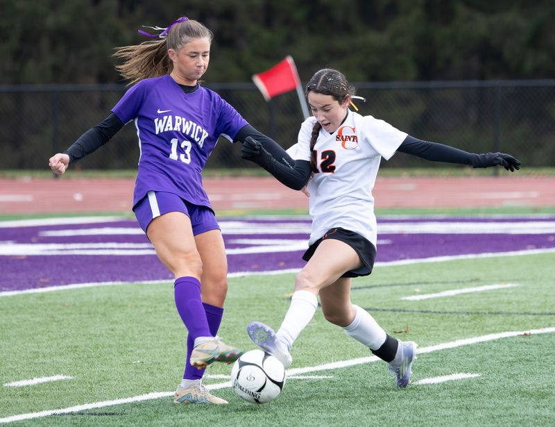 Churchville-Chili's Elise Faix competes for a loose ball with Kelsy Larney during the NYSPHSAA Class AA semifinals Saturday, Nov. 15 at Dryden High School.
