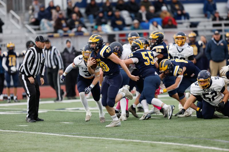 Max Stauder from Tioga breaks through the Trumansburg defense and heads to the end zone in a 44-28 victory in the Section 4 Class D football championship game Nov. 15, 2025 at Susquehanna Valley.