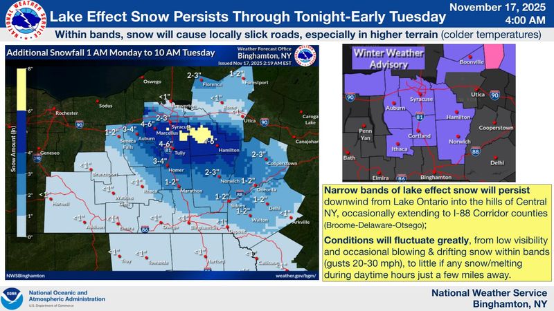 Maps show expected totals in New York as more lake-effect snow falls over the state.