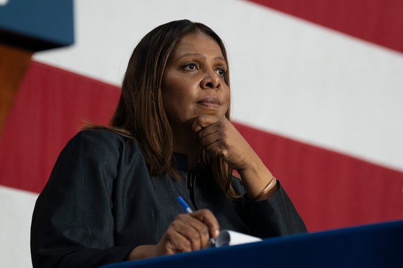 New York Attorney General Letitia James listens to questions from attendees during a Protecting the People Community Impact Hearing hosted at Westchester Community College in Valhalla on Thursday, May 8, 2025.