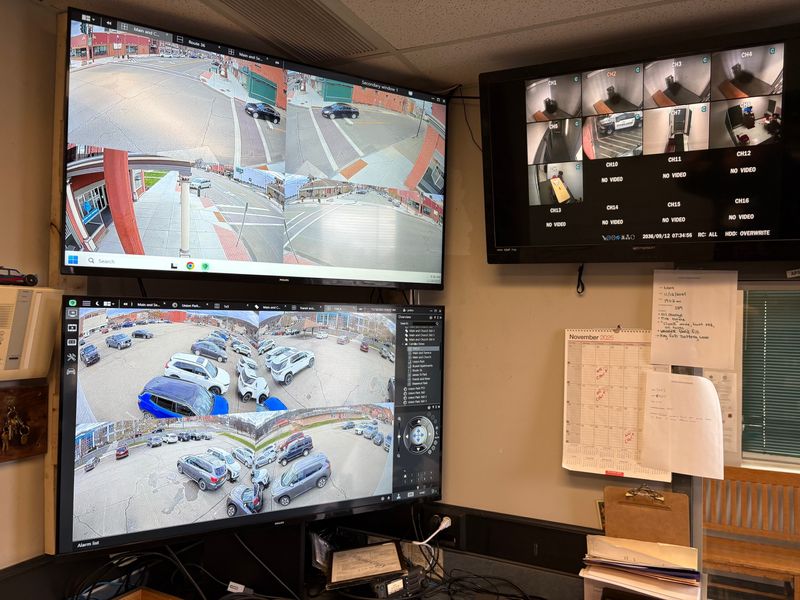 Live video from around the City of Hornell is displayed on monitors at Hornell Police Department headquarters on Nov. 18, 2025.