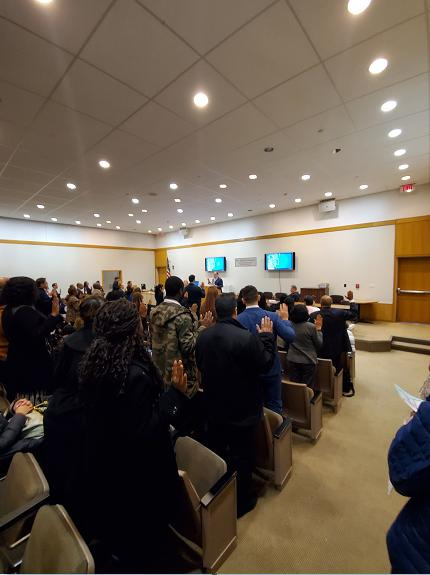 A roomful of immigrants at Westchester County's courthouse takes the oath of allegiance at an undated naturalization ceremony held by the County Clerk's Office.