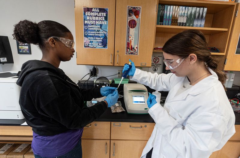 Briana Sinkfield-Tyler and Claire Sehdeva, seniors at New Rochelle High School, work with genetic material as part of research into blood cancers during a Science Research program class Nov. 19, 2025. The program, for students in 10th through 12 grades, offers students interested in scientific fields the opportunity to do research with scientists at universities, private research facilities, and with companies in scientific based industries such as pharmaceuticals. Over the past year Briana has worked with scientists at Weill Cornell Medical Center and Claire has worked with scientists at the Albert Einstein College of Medicine.