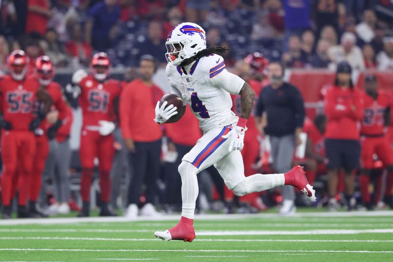 Nov 20, 2025; Houston, Texas, USA; Buffalo Bills running back James Cook III (4) runs for a touchdown against the Houston Texans in the first quarter at NRG Stadium. Mandatory Credit: Troy Taormina-Imagn Images