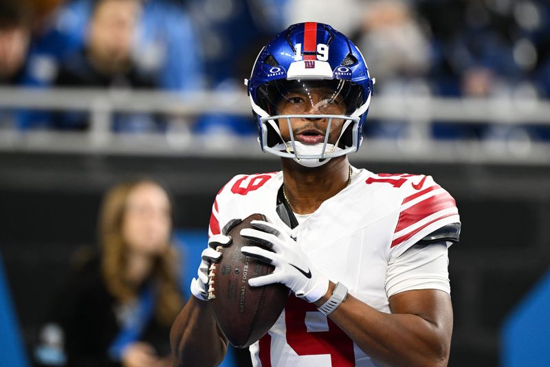 Nov 23, 2025; Detroit, Michigan, USA; New York Giants quarterback Jameis Winston (19) warms up before the game against the Detroit Lions at Ford Field. Mandatory Credit: Lon Horwedel-Imagn Images