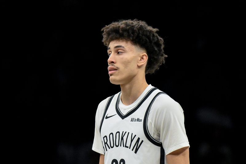 Nov 3, 2025; Brooklyn, New York, USA; Brooklyn Nets guard Nolan Traore (88) during a game against the Minnesota Timberwolves at Barclays Center. Mandatory Credit: John Jones-Imagn Images