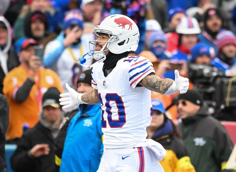 Nov 16, 2025; Orchard Park, New York, USA; Buffalo Bills wide receiver Khalil Shakir (10) enters the field before a game against the Tampa Bay Buccaneers at Highmark Stadium. Mandatory Credit: Mark Konezny-Imagn Images