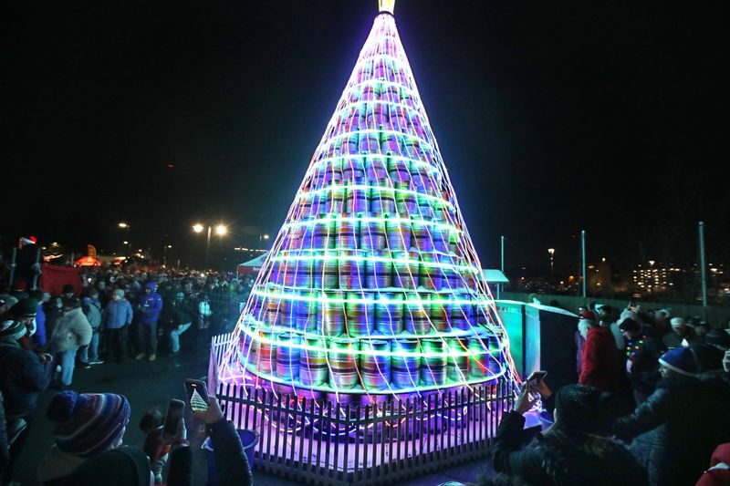 Thousands turned out for the Genesee Brewery’s Keg Tree Lighting Party held Friday, Dec. 5, 2025 at the Genesee Brew House. The tree is built from over 650 empty beer kegs and is wrapped in over 25,000 lights.