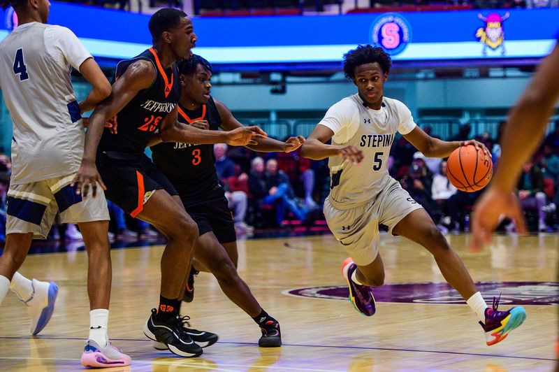 Stepinac's Hassan Koureissi drives up court during the William F. Plunkett Jr. Christmas Classic at the Westchester County Center in White Plains, NY on Sunday, December 7, 2025. Stepinac defeated Thomas Jefferson 92-70.