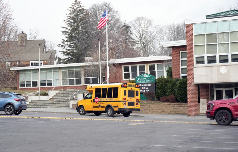 A school bus outside Pleasantville Middle School on Dec. 10, 2025. The Pleasantville  district was among several in Westchester with the highest rates of bullying, harassment and discrimination incidents in the county, according to a state report.