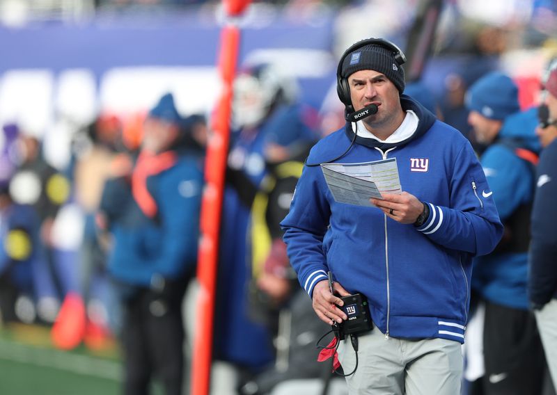 Dec 14, 2025; East Rutherford, New Jersey, USA; New York Giants interim head coach Mike Kafka on the sidelines during the second quarter against the New York Giants at MetLife Stadium. Mandatory Credit: Vincent Carchietta-Imagn Images