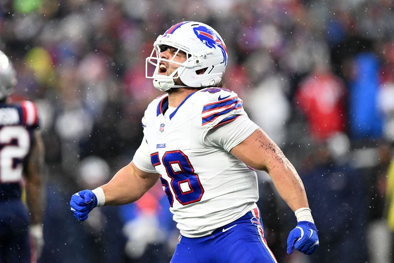 Dec 14, 2025; Foxborough, Massachusetts, USA; Buffalo Bills linebacker Matt Milano (58) reacts after a sack against the New England Patriots during the second half at Gillette Stadium. Mandatory Credit: Brian Fluharty-Imagn Images