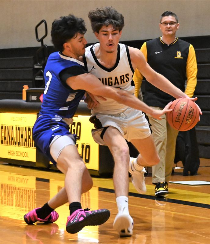Canajoharie Cougar Dillan Randall handles the ball under pressure from Dolgeville Blue Devil Timothy Gomez (left) during the Andy Palmer Holiday Classic championship game Saturday in Canajoharie. Randall and Gomez were both selected for the tournament's all-star team after both teams played overtime Friday and again Saturday.