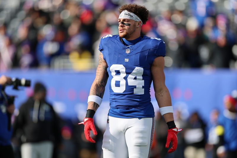 Dec 21, 2025; East Rutherford, New Jersey, USA; New York Giants tight end Theo Johnson (84) practices before the game at MetLife Stadium. Mandatory Credit: Vincent Carchietta-Imagn Images