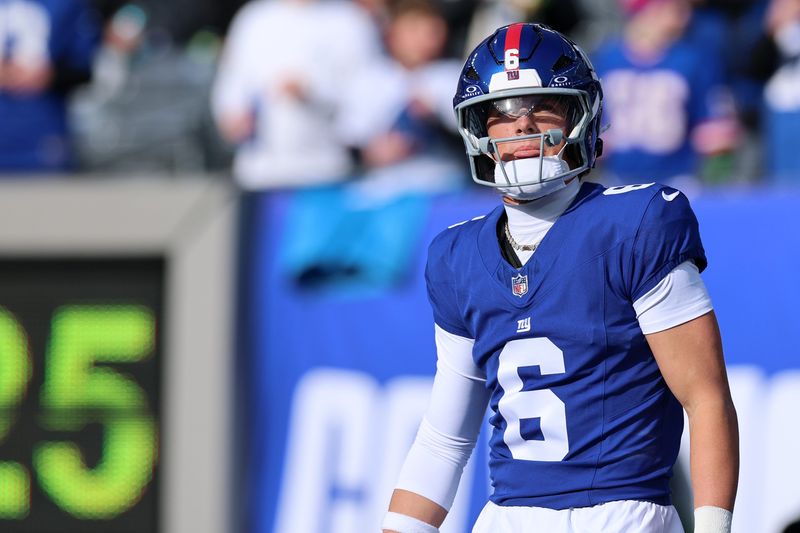Dec 21, 2025; East Rutherford, New Jersey, USA; New York Giants quarterback Jaxson Dart (6) practices before the game at MetLife Stadium. Mandatory Credit: Vincent Carchietta-Imagn Images